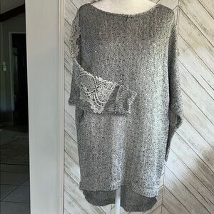 Amtify hi/low dolman sleeve subtle sequins sweater with embroidered back/sleeves